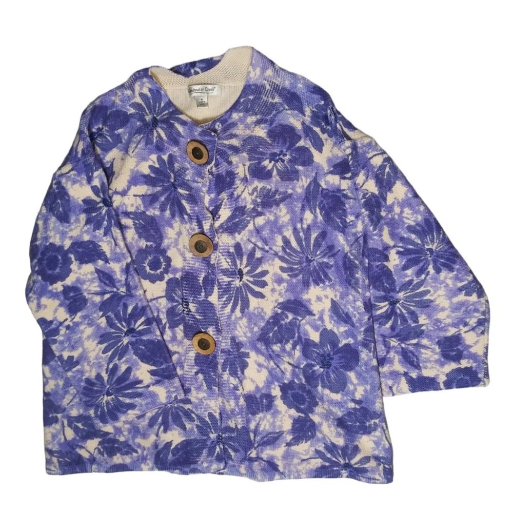 Coldwater Creek Blue Floral Cotton Cardigan Women's Size M